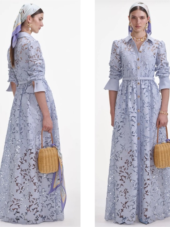 Self-Portrait Dresses & Skirts - SELF-PORTRAIT Blue Lace Collared Floral Long Sleeve Button Down Maxi Dress Sz 10
